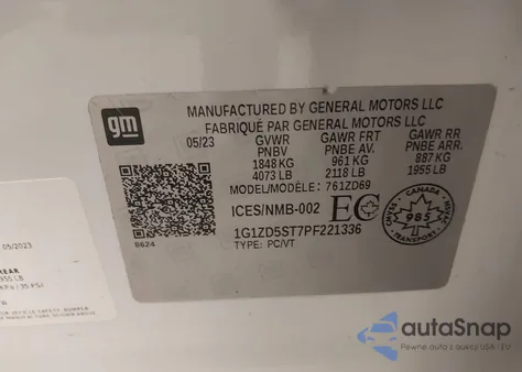 2023 Chevrolet Malibu 1Lt z USA, uszkodzony, nr VIN 1G1ZD5ST7PF221336